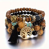 Bohemian Bliss 4-Piece Wood Bead Bracelet Set with Colorful Tassel Pendants - Tremmi