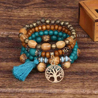 Bohemian Bliss 4-Piece Wood Bead Bracelet Set with Colorful Tassel Pendants - Tremmi