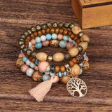 Bohemian Bliss 4-Piece Wood Bead Bracelet Set with Colorful Tassel Pendants - Tremmi