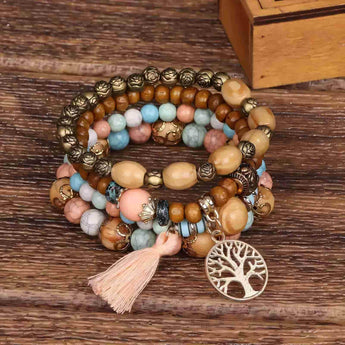 Bohemian Bliss 4-Piece Wood Bead Bracelet Set with Colorful Tassel Pendants - Tremmi