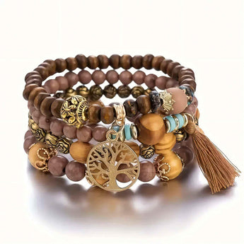 Bohemian Bliss 4-Piece Wood Bead Bracelet Set with Colorful Tassel Pendants - Tremmi