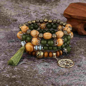 Bohemian Bliss 4-Piece Wood Bead Bracelet Set with Colorful Tassel Pendants - Tremmi