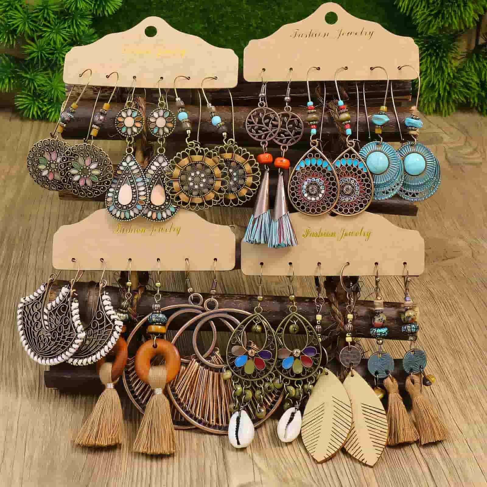 Bohemian Elegance Collection: 12 Pairs of Vintage-Inspired Coffee Dangle Earrings - Tremmi