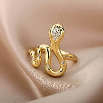 Elegant Gold Plated Serpent Ring - Chic Statement Jewelry with Sparkling Accents - Tremmi