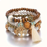 Bohemian Bliss 4-Piece Wood Bead Bracelet Set with Colorful Tassel Pendants - Tremmi