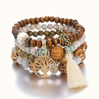 Bohemian Bliss 4-Piece Wood Bead Bracelet Set with Colorful Tassel Pendants - Tremmi