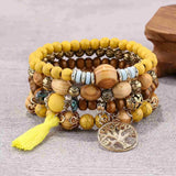 Bohemian Bliss 4-Piece Wood Bead Bracelet Set with Colorful Tassel Pendants - Tremmi